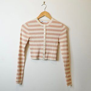 Zara Pink Striped Knit Jacket, Cream and Pink, Size Small